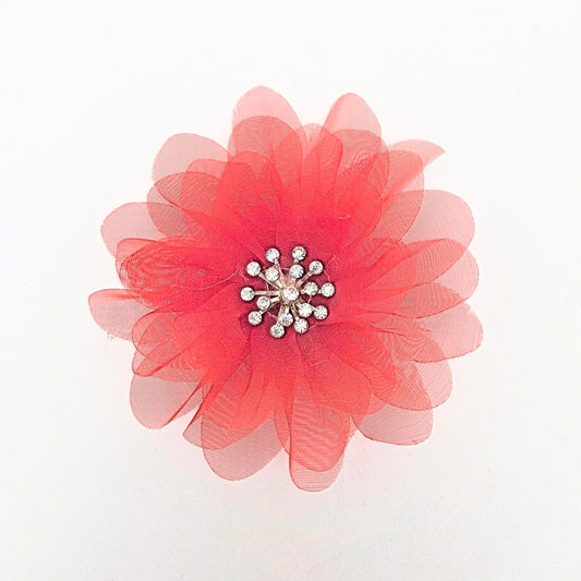 Party Favors Plus Red Organza Flower Corsage with Rhinestone Center 4 Inch Set of 4