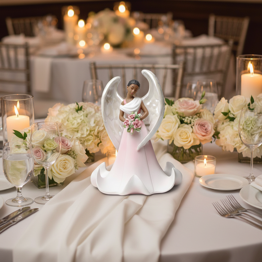 Angelic figurine with large white wings, a white draped top, and a flowing pale pink gown, holding a bouquet of pink roses, shown on a plain white background.