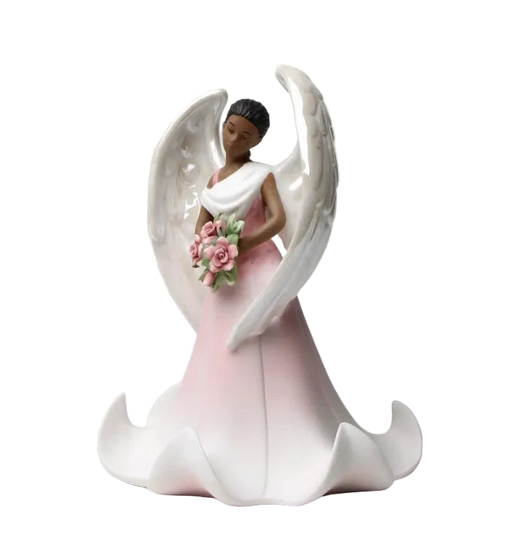 Cosmos Gifts Fine Porcelain Ethnic African American Black Angel of Rose Flowers Collectible Figurine 6-5/8" H