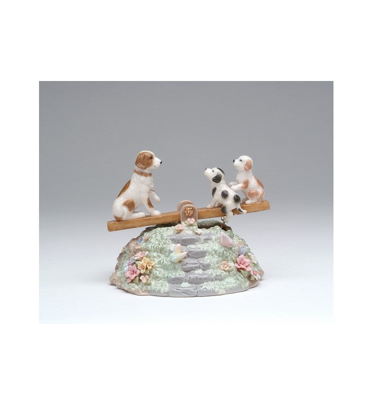 Cosmos Gifts Fine Porcelain Dog & Puppies Family Play Seesaw Music Box Figurine Plays Music Tune of Play Mates, 5 in