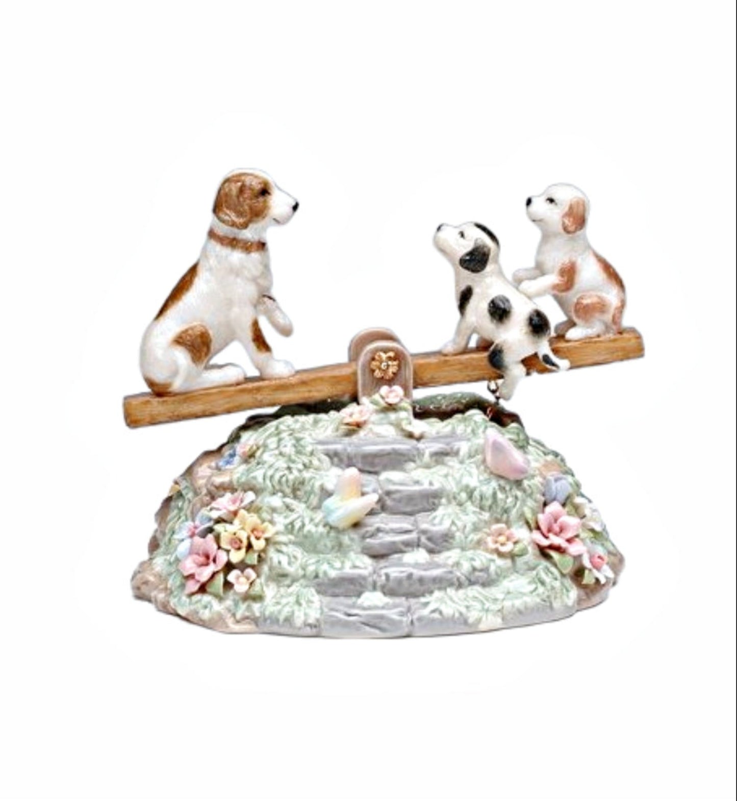 Cosmos Gifts Fine Porcelain Dog & Puppies Family Play Seesaw Music Box Figurine Plays Music Tune of Play Mates, 5 in