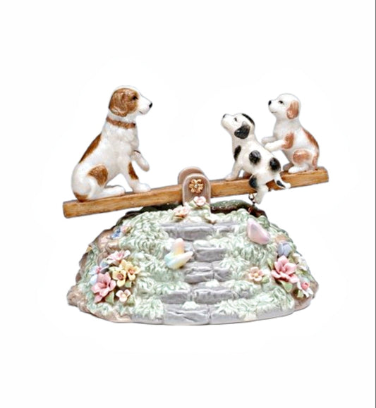 Cosmos Gifts Fine Porcelain Dog & Puppies Family Play Seesaw Music Box Figurine Plays Music Tune of Play Mates, 5 in